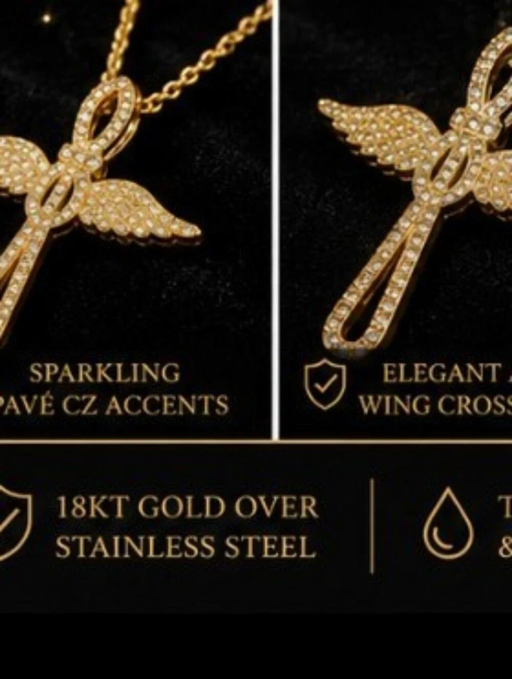 18K Gold Over Stainless Steel Angel Wing Cross Necklace CZ Christian Faith 18+2